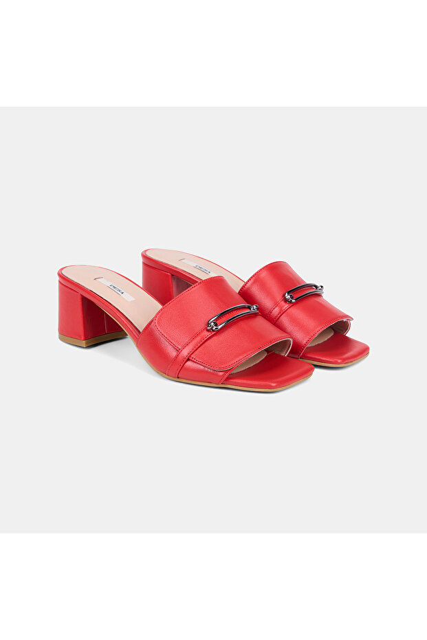 Women's Red Metal Buckle Heeled Leather Slippers