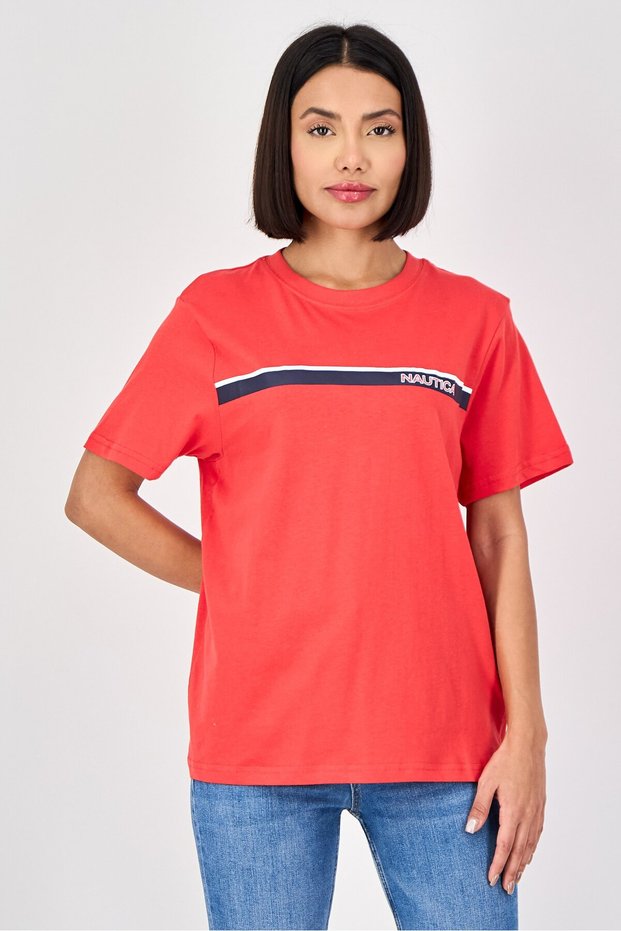Women Round Neck Short Sleeve Brand Logo T-Shirt, Red