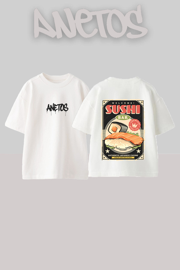 Sushi Bar Design Back Printed Cotton White Oversize T-Shirt