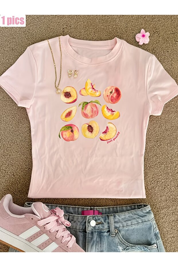 Kemer Boy Y2K Peach Print Crop Top Blouse