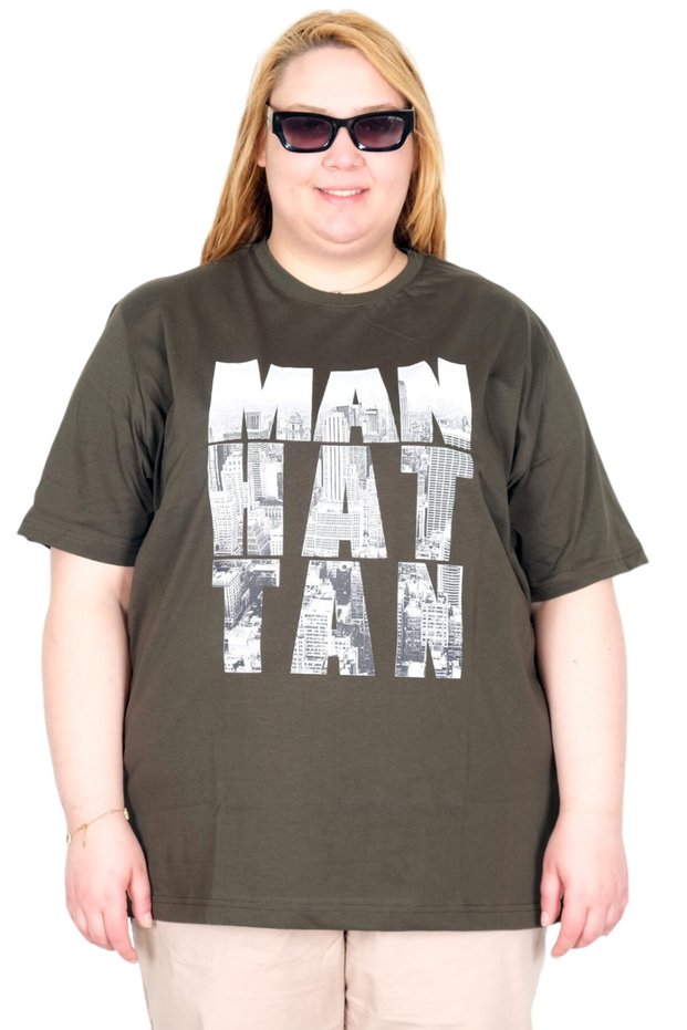 Mode XL Real Big Size Women's T-Shirt Bis Collar Manhattan U26118 Haki