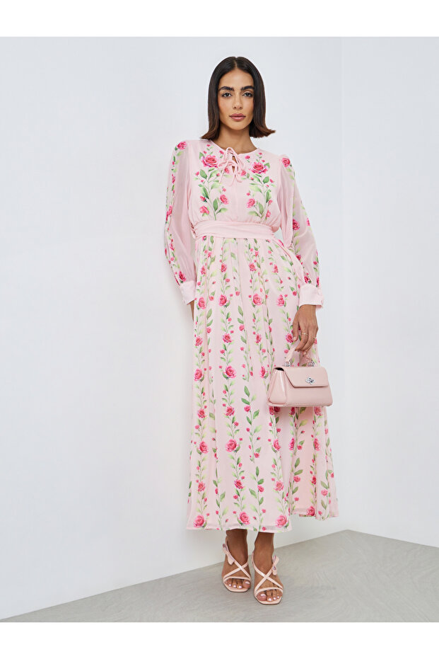 Pink Floral Maxi Dress with Tie-Up Neck