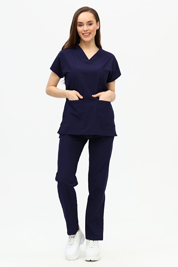 Nova V Yaka Navy Blue Lycra-Free Thin Fabric Women's Nurse Doctor Uniform Set