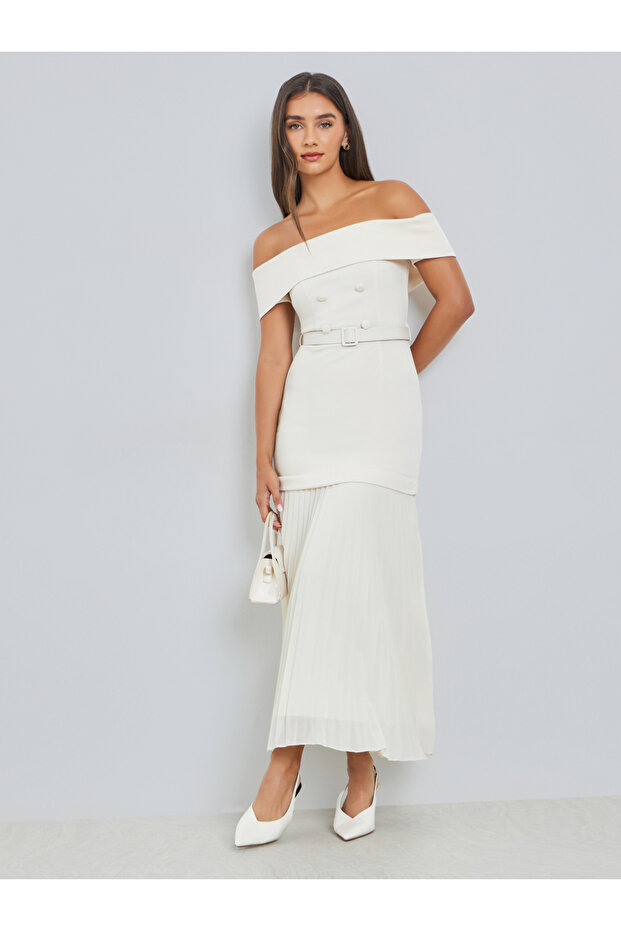 Cream Off-Shoulder Pleated Maxi Dress