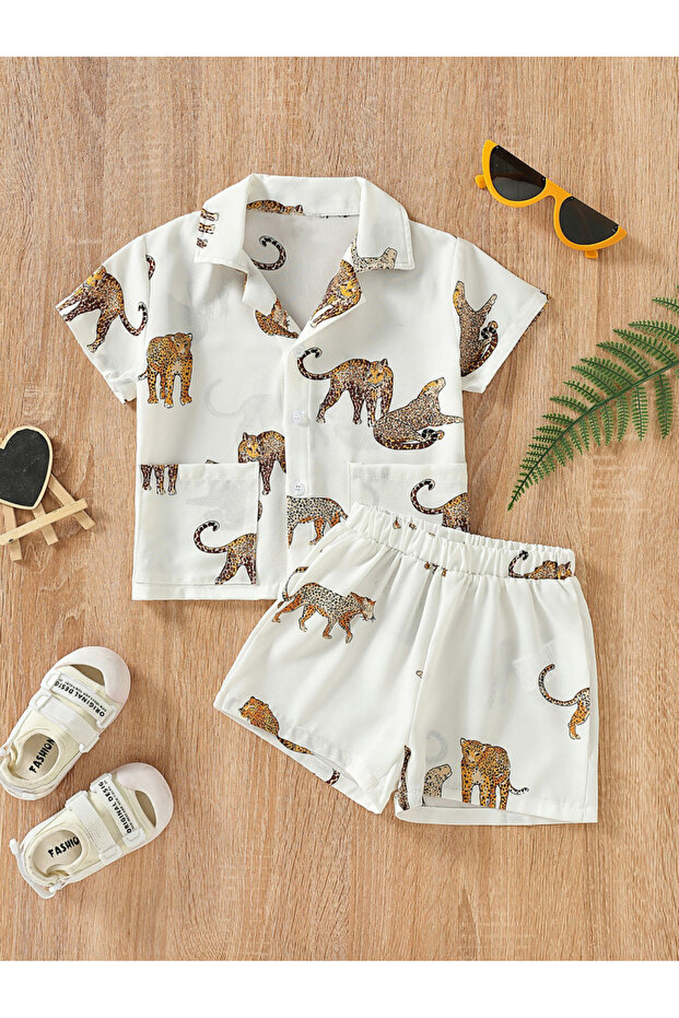 Boys Dinosaur Print Short Sleeve Shirt and Shorts Set