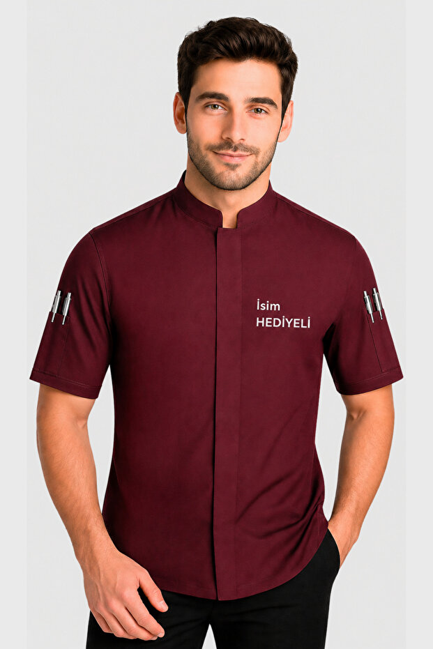 Short Sleeve Burgundy Chef Jacket with Name Gift Chef Jacket Chef Uniform Chef Shirt