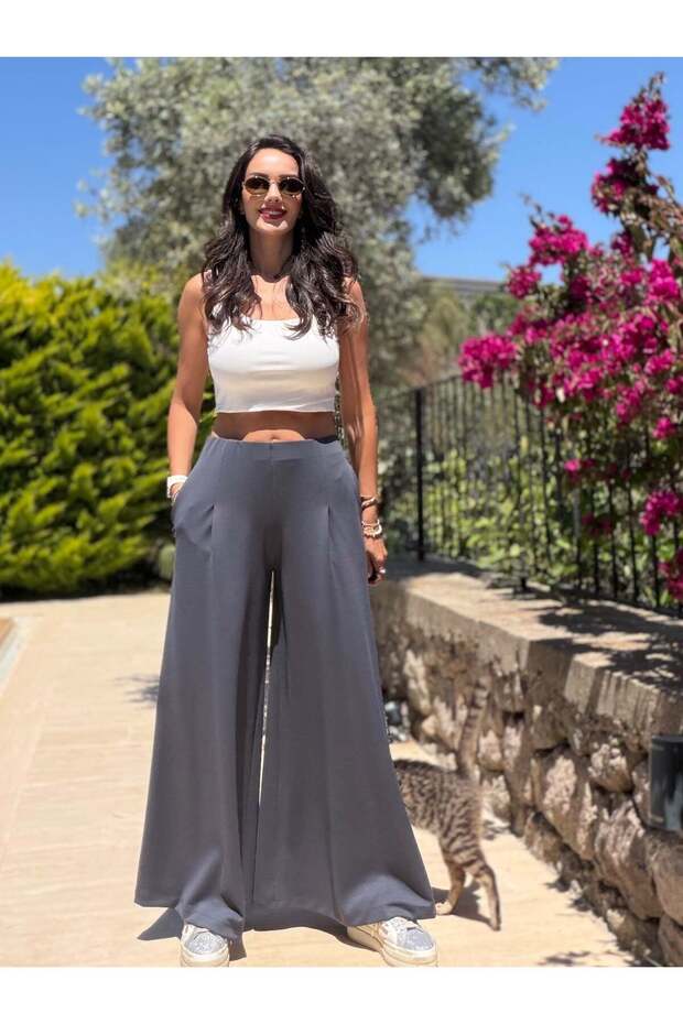 Anthracite Modal Palazzo Trousers with Hidden Elastic Waistband