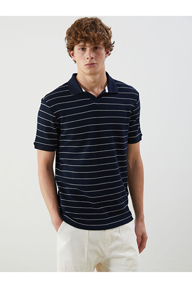 Xside Navy Blue Polo Neck Striped Men's Textured T-Shirt