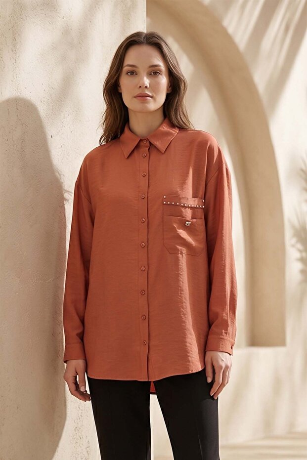 Pocket Embroidery Detail Front Wooden Buttoned Shirt 196 Tile
