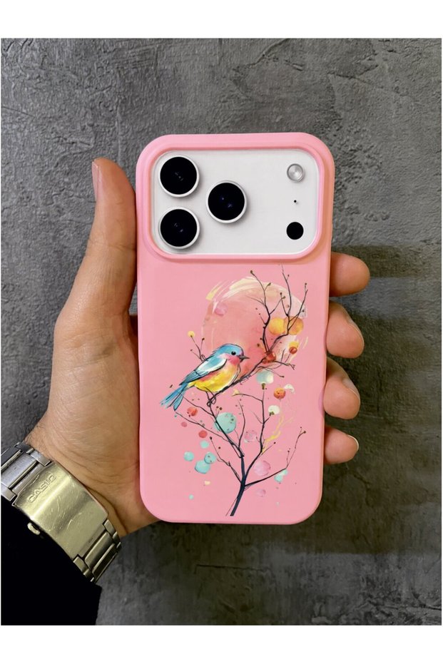 iPhone 17 Pro Compatible Pink Case with Bird and Tree Pattern in Pastel Tones