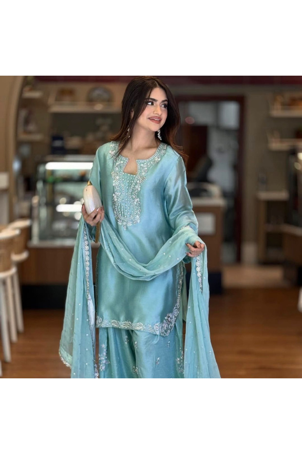 Sky Blue Roman Glass Silk Embroidered Farshi Plazzo Set with Organza Dupatta - HRT7692 | Sky Blue