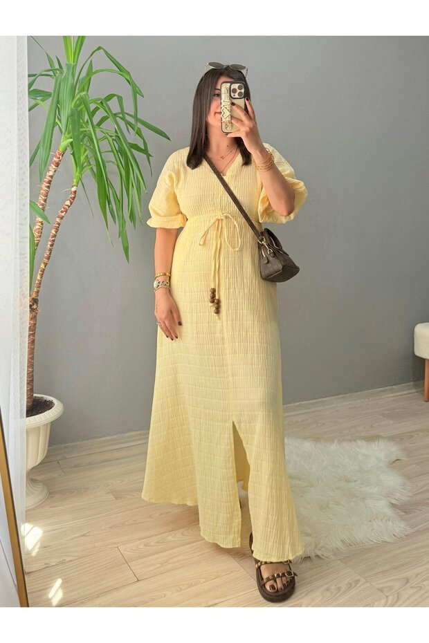 Tie-waist muslin dress - yellow