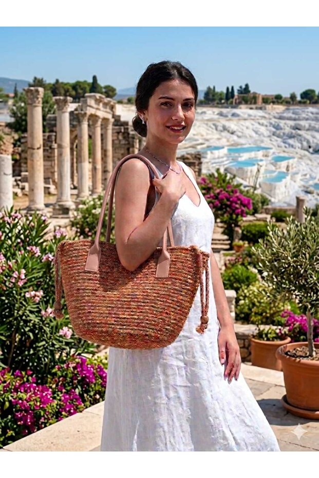 Straw Detailed Rope Strap Lined Strap-On Beach Bag Bottom:28 cm Top:40 cm Length:23 cm