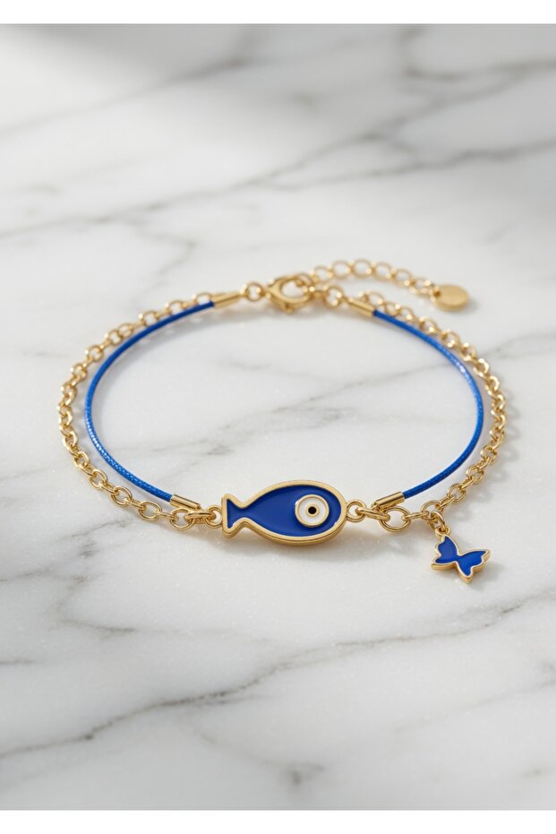 Gold Bracelet with Evil Eye Fish & Butterfly