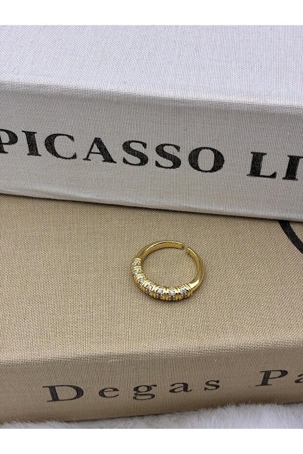 Gold Color Curved Zircon Stone Studded Adjustable Brass Ring T1