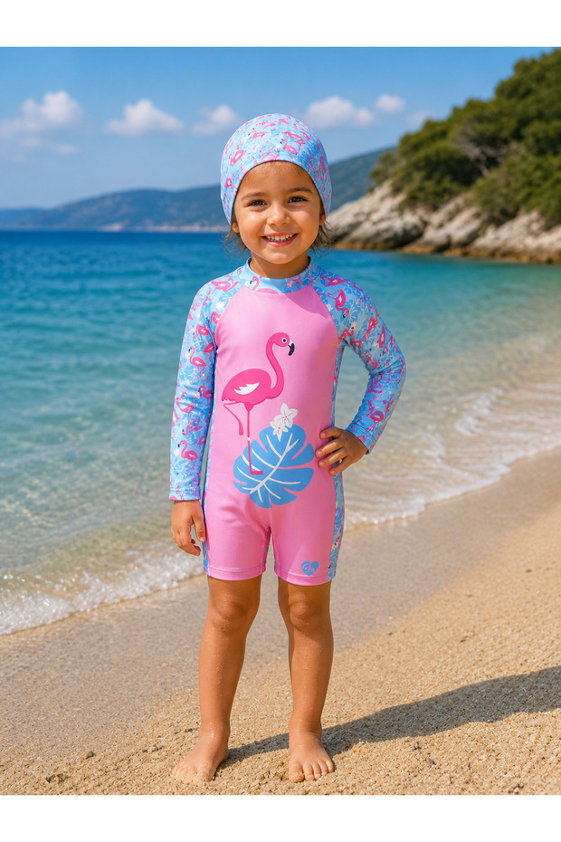 Girl's Pink Flamingo Printed Long Sleeve Swimsuit Set (Includes Cap)