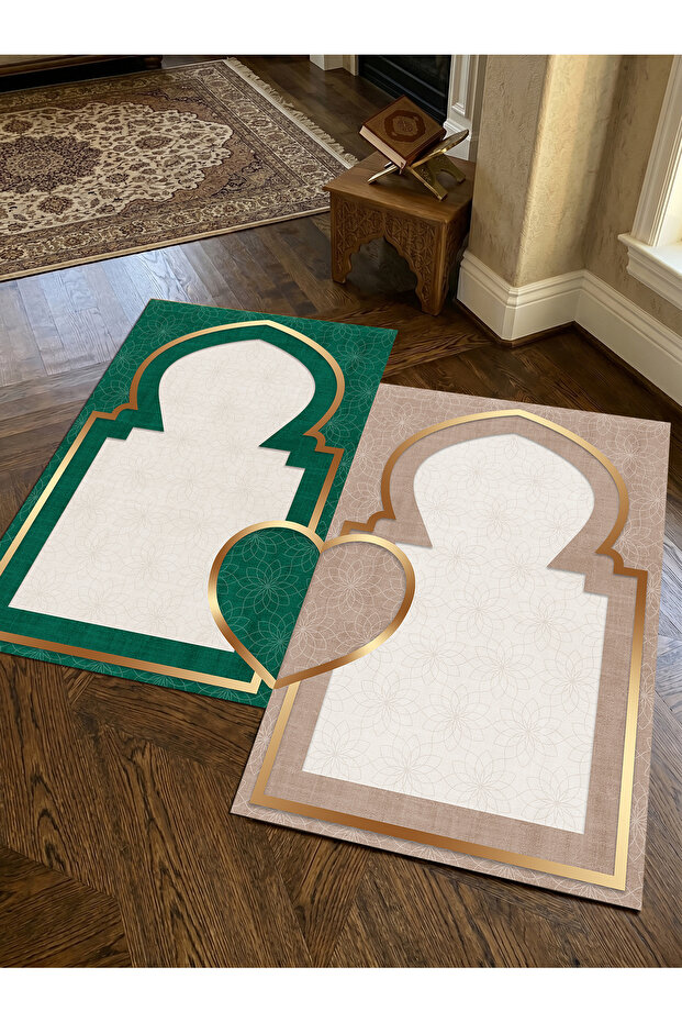 Sec_523 Heart-Shaped Prayer Rug with Non-Slip Base, Double Prayer Rug, Bride and Groom's Bundle, Gift Dowry Box