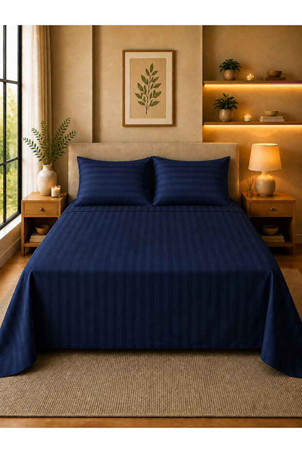 Double Bed Striped Bedsheet Set 3 Pieces – 220x200 cm Flat Sheet + 2 Pillowcases 50x75 cm – Soft & Breathable Fabric