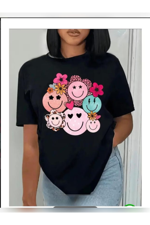 Unisex Oversized Printed Crew Neck Short Sleeve Black T-Shirt