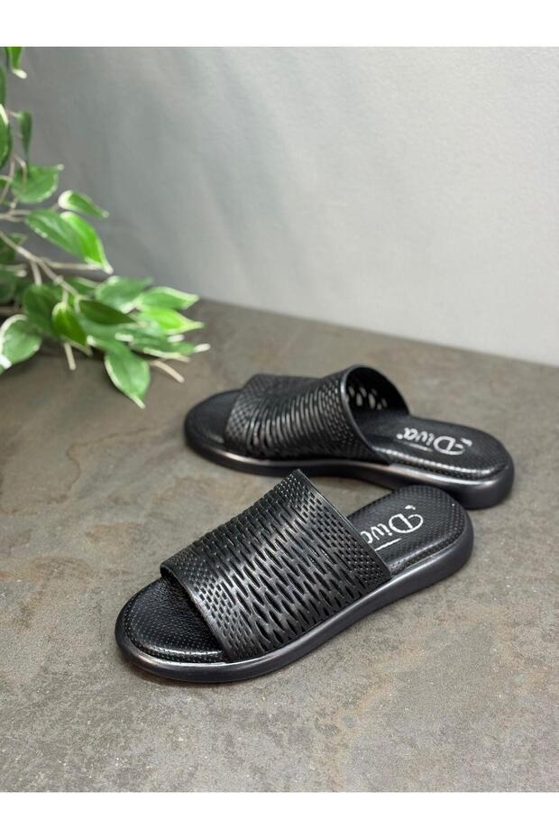 Black Leather Laser Orthopedic Women's Daily Slippers