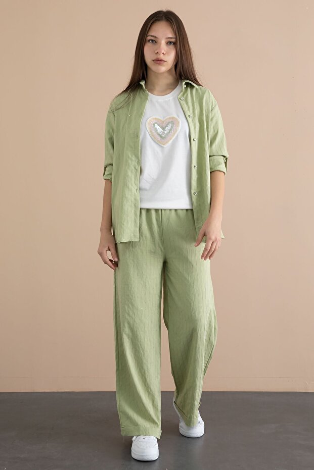 Green Stripe Patterned Shirt and Wide Leg Pants, Girl's 3-Piece Set 24079