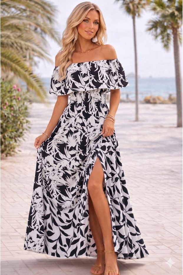 New Season Women's Madonna Collar Off-The-Shoulder Floral Pattern Slit Long Single Jersey Dress