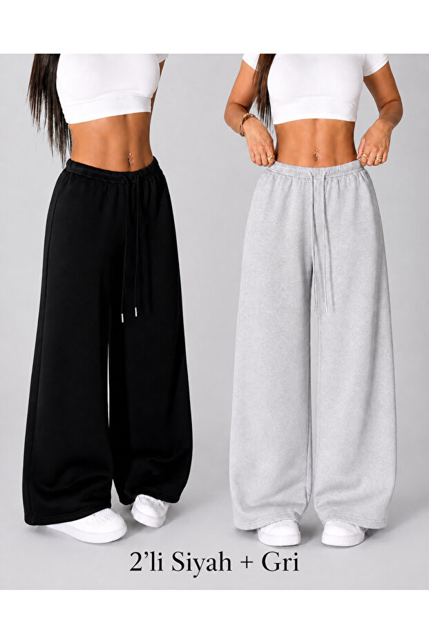 Women's 2-Piece Black+Gray Wide Leg Oversize Pants Style Sweatpants