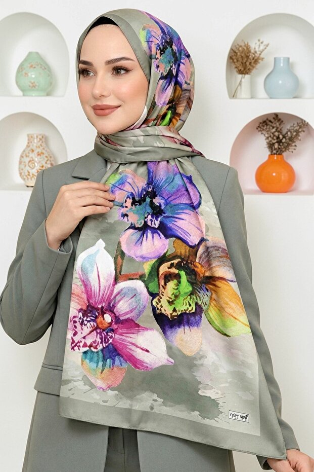 Women's Green Orchid Patterned Soft Shawl
