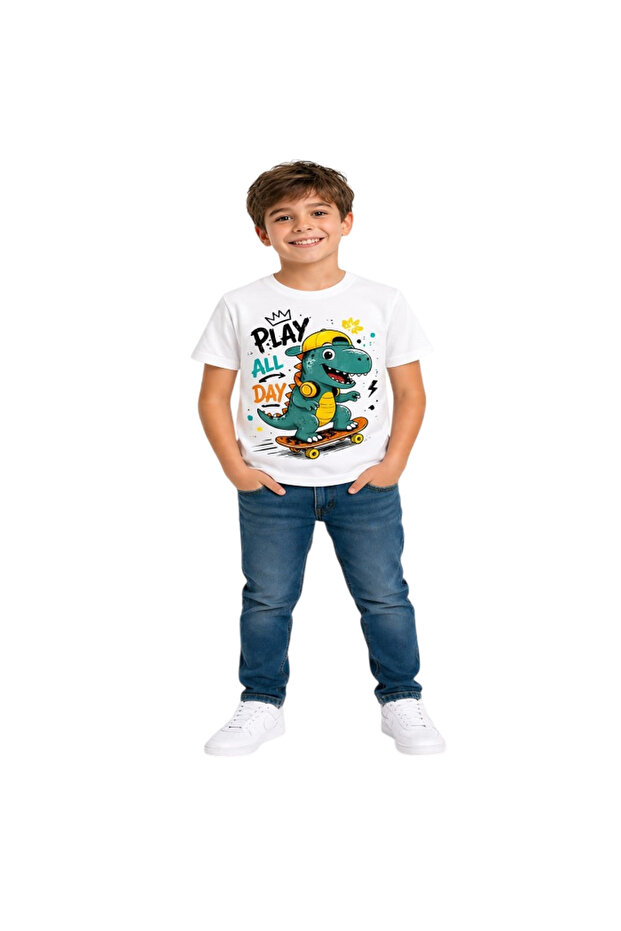 Dinosaur Printed Short Sleeve Kids T-Shirt White