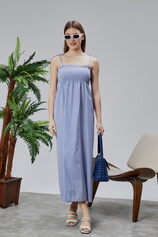 Patterned Cotton Long Summer Women's Dress with Shoulder Straps and Gathered Details