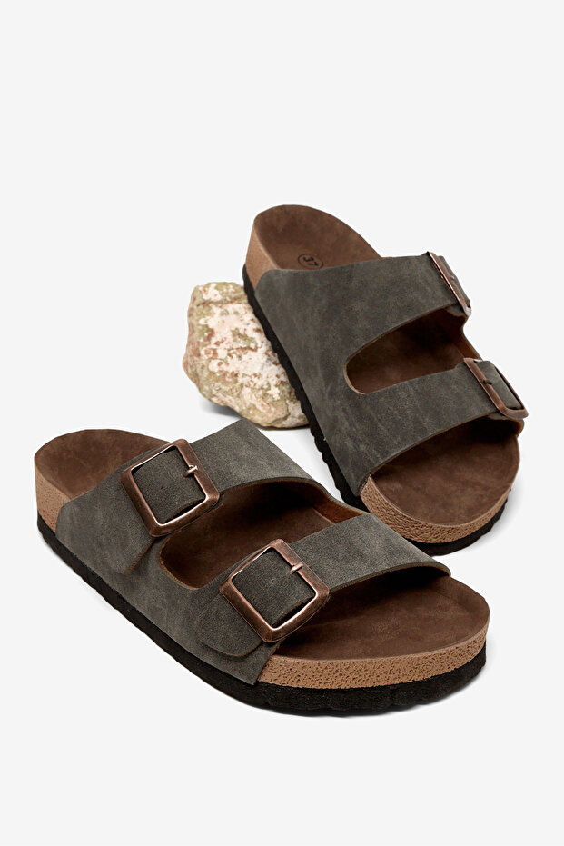 Women's Khaki Comfortable Double-Striped Non-Slip Slippers