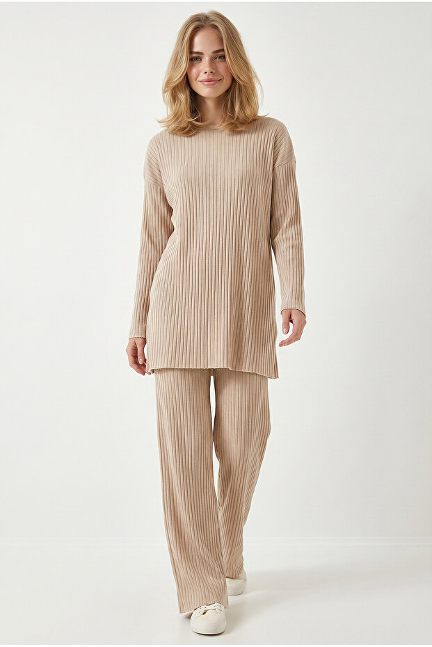 Women's Stone Bottom Top Ribbed Knitted Set Tkm-19000497