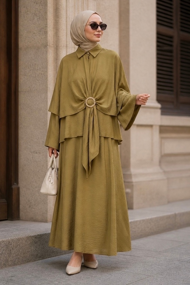 Oil Green Cape, Shirt and Skirt Combination Set