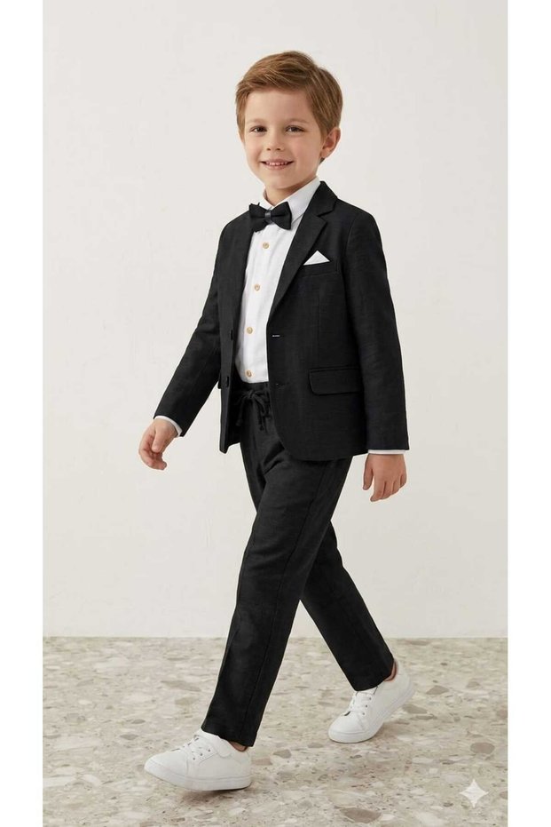 100% Cotton Flamingo Linen Boy's Suit (Jacket, Shirt, Bow Tie and Lace-Up Pants)