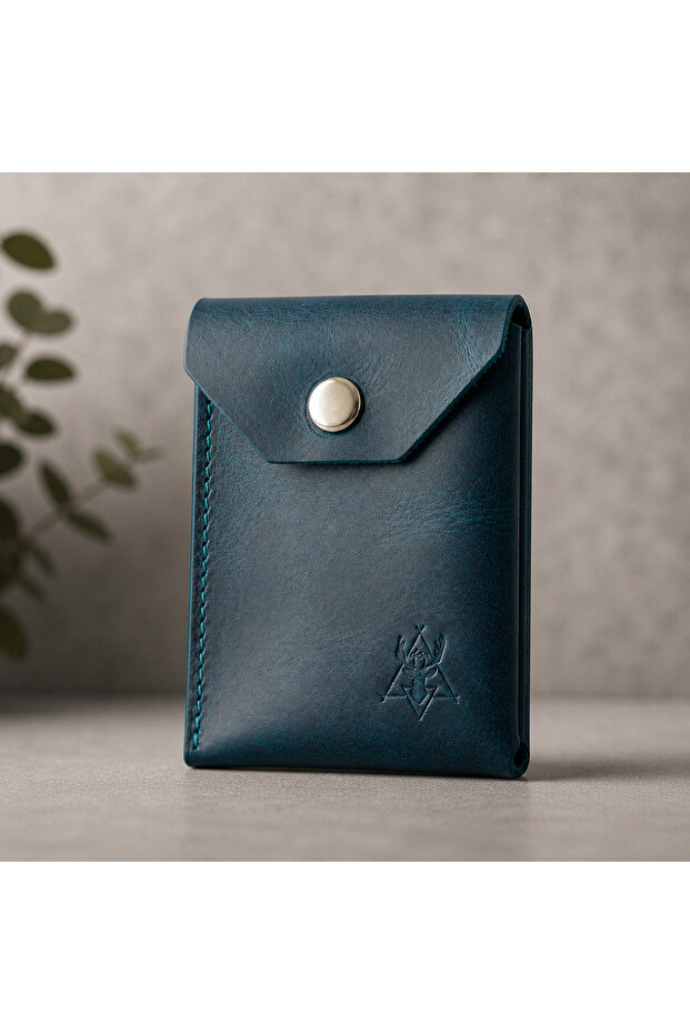 Genuine Leather Card Holder – Functional Design Compatible with Cards and Cash - Blue