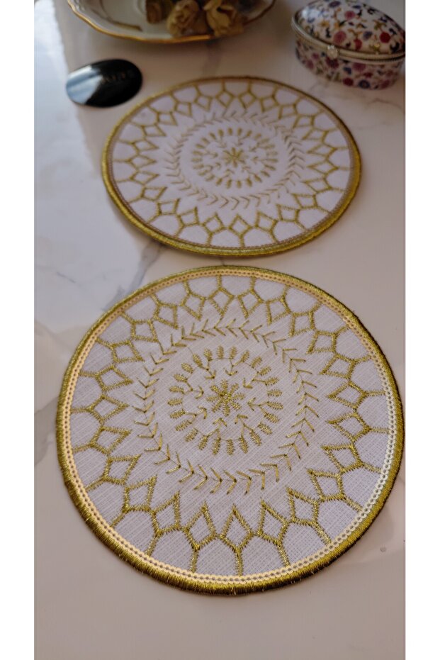 Gold Sequin and Embroidered Linen Cocktail Presentation Napkins, Pack of 2 | Authentic Mandala Series Aria- Tek Pul