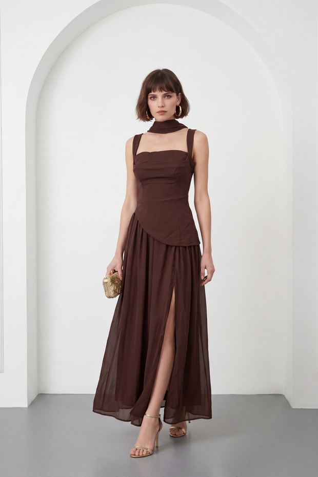 Women's Brown Shawl Collar Long Chiffon Event Dress