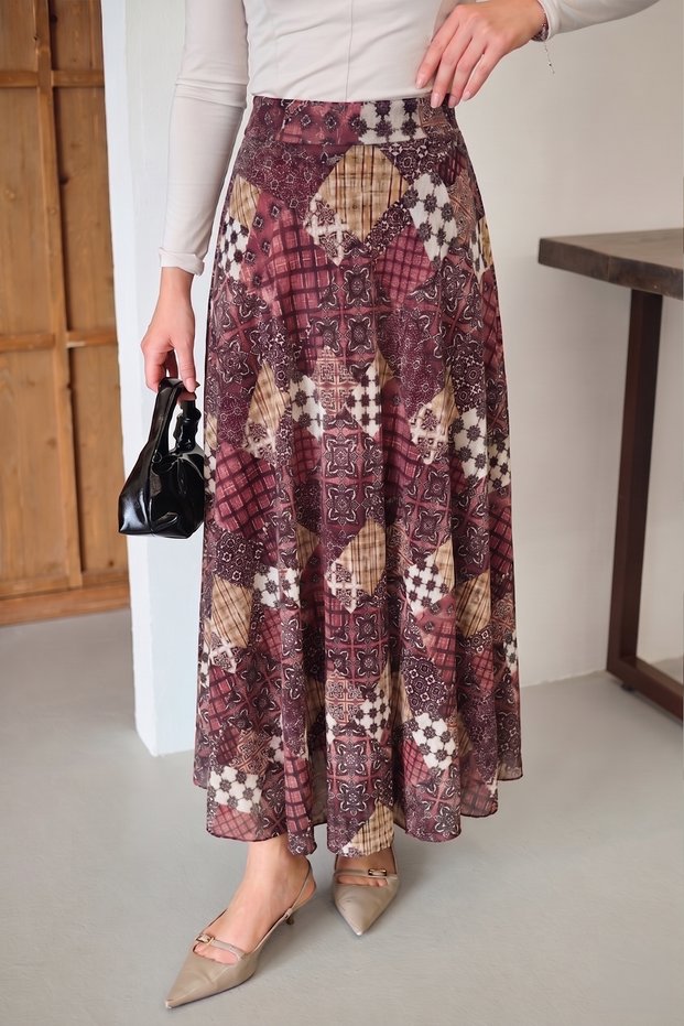 Women's Ethnic Patterned Skirt with Glitter Detail and Belt, Burgundy