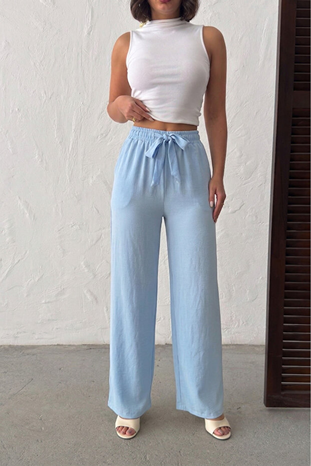 Women's Blue Elastic Waist Draped Trousers Nj139