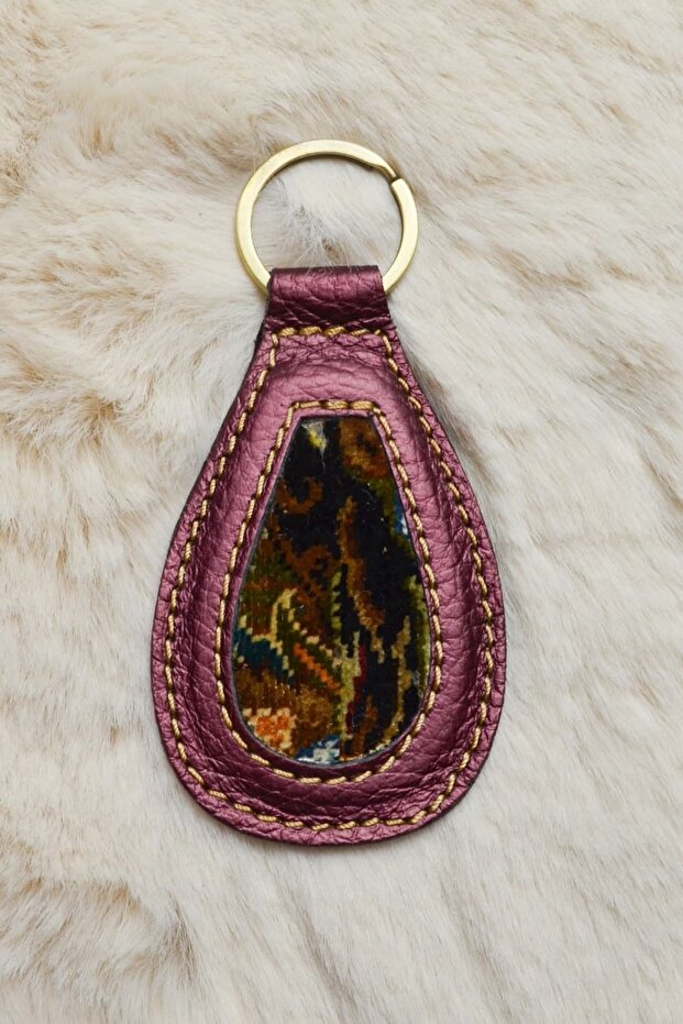 Handmade Burgundy Color Keychain from Antique Silk Carpet