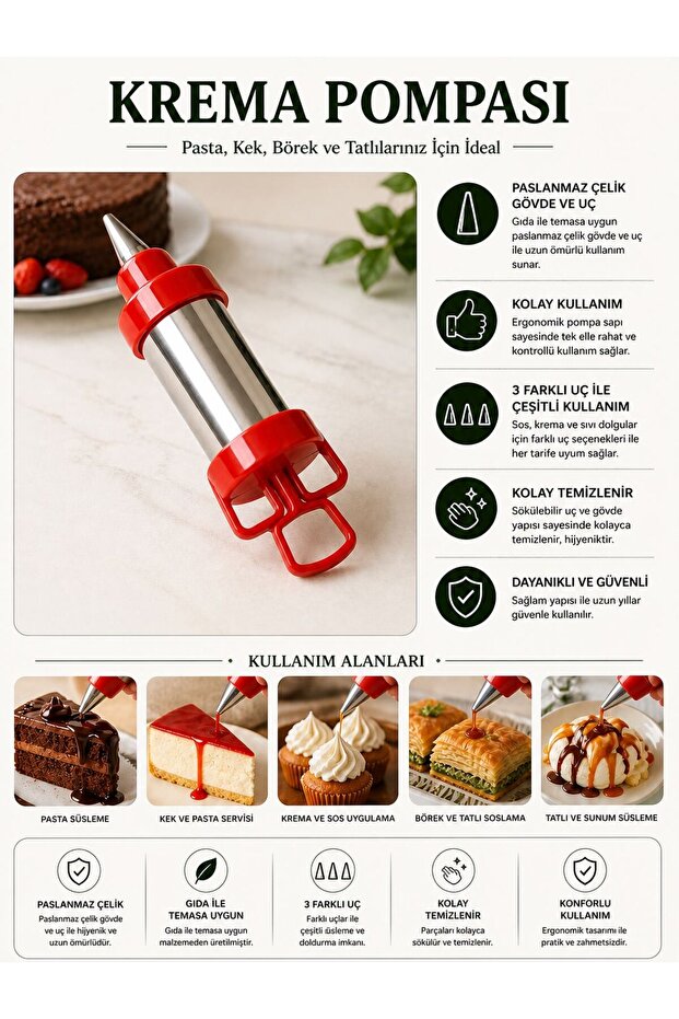 Cream Pump 3-Tip Stainless Steel Sauce and Cream Squeezing Apparatus Pastry Cake Dessert Decorating Pump