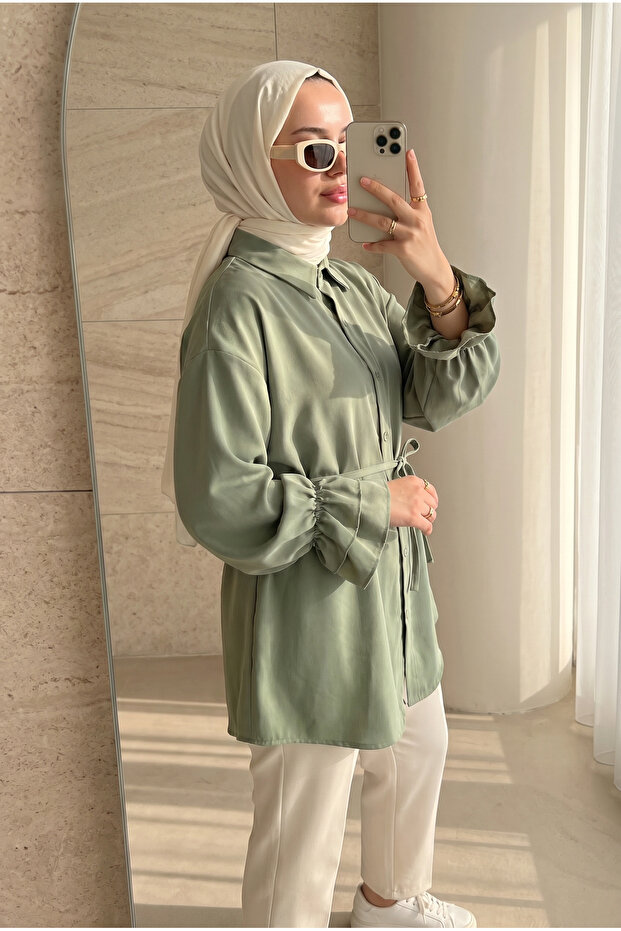 Women's Trendy Ruffle Sleeve Belted Poplin Hijab Shirt