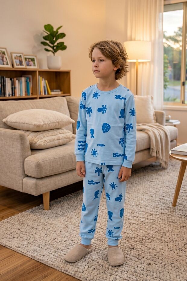 Sea-Themed Blue Color 100% Cotton Boys' Pajama Set