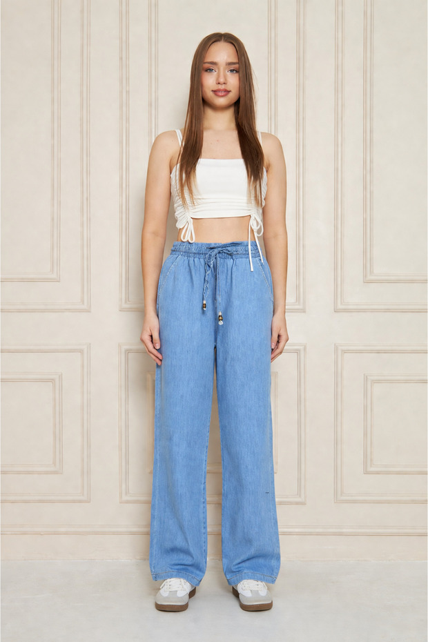 Women's 100% Cotton Wide-Leg Blue Baggy Pants