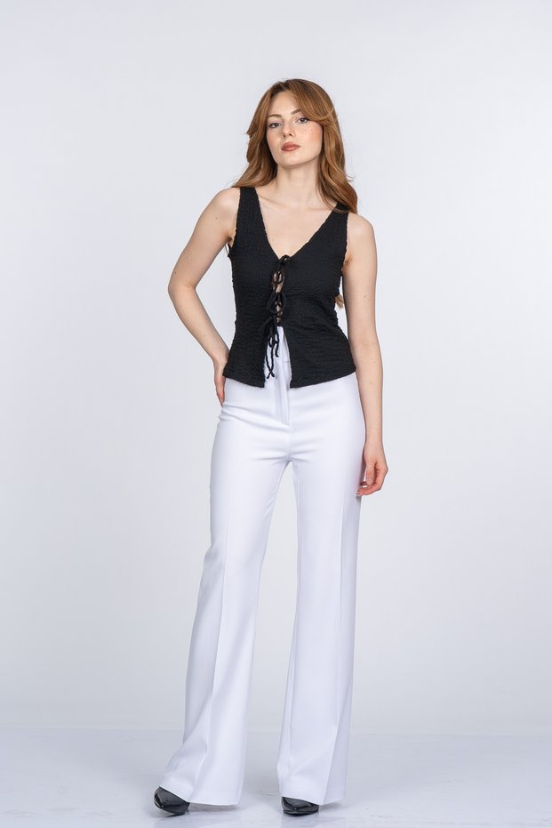 Women's Summer White Beltless High Waist Flare Stylish Casual Comfortable Pants 30394