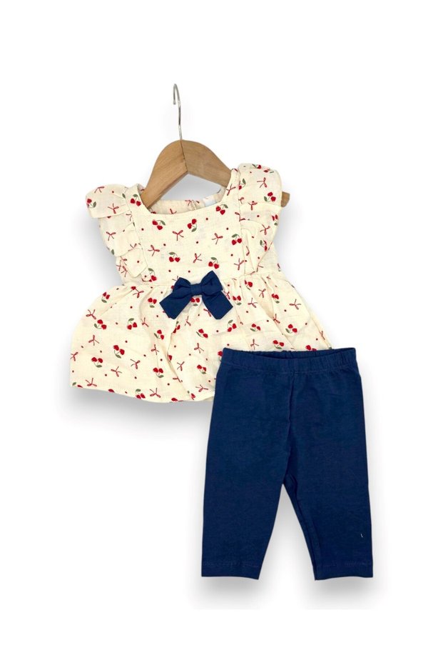 Baby Girl Summer Cherry Printed Muslin Blouse and Leggings 1-2-3 Years Old Festive Stylish Baby Set