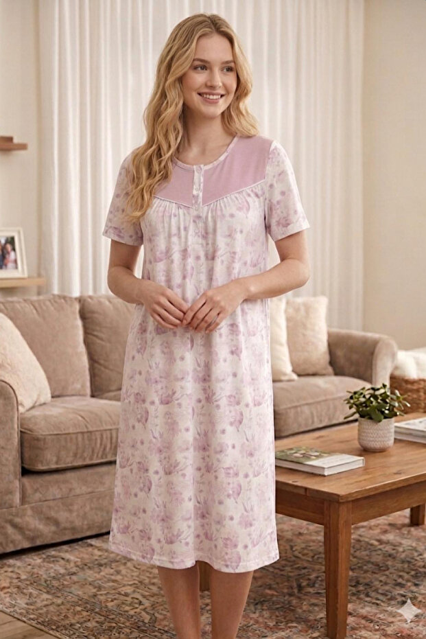 22860-Nena Round Neck Robe with Patchwork Short Sleeves 100% Cotton Holly Nightgown