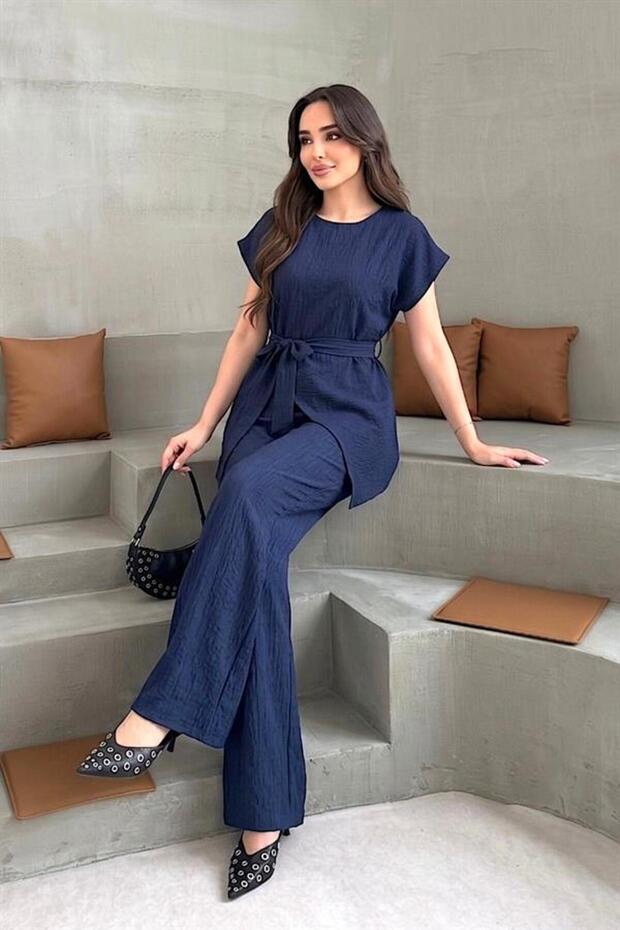 Navy Blue Crew Neck Double Set - 2