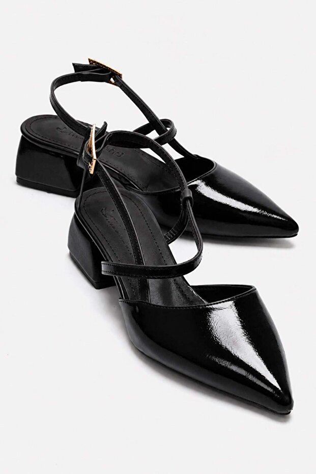 Side Crossed Heel Covering Open Back Pointed Toe Heeled Shoes; Black Yanki