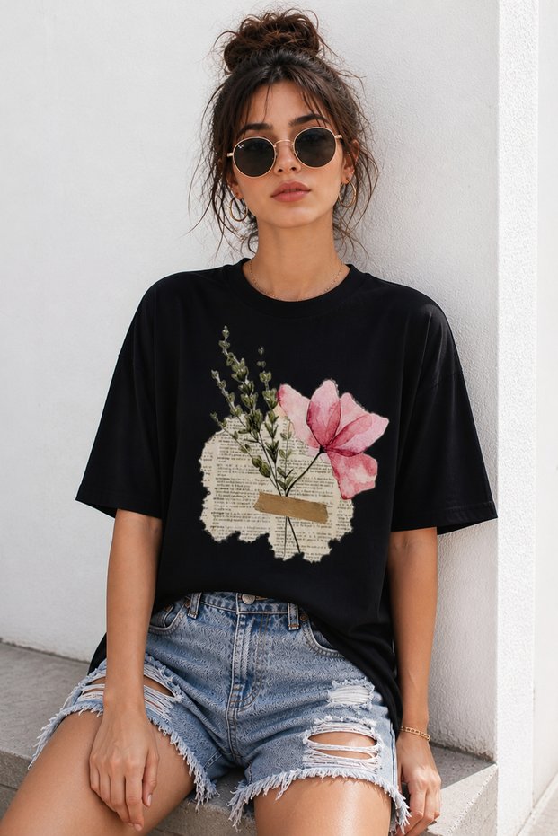 Vintage Floral Collage Printed Unisex Oversize T-Shirt – Cotton Crew Neck Casual T-Shirt